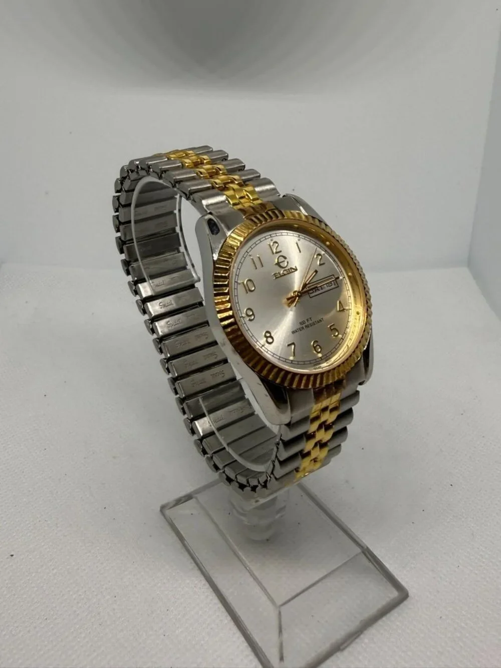 Elgin Men's President-Style Day-Date Watch Two-Tone Fluted Bezel Silver Dial